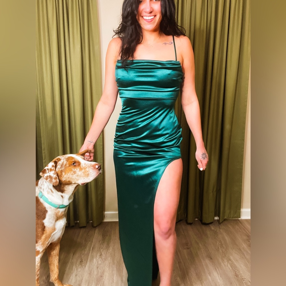 Windsor Lola style emerald green high slit long formal gown